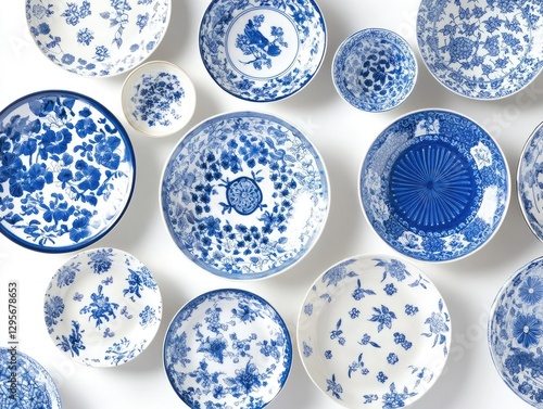 Blue and white china bowls and plates arranged on white background photo