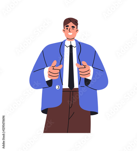 Business man in suit points at you and winks. Happy boss, HR chooses, indicates on choice. Person hand gestures, shows forward with index finger. Flat isolated vector illustration on white background