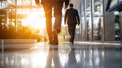 Businessmen Walking in Modern Office Space with Sunlight Streaming Through Glass Walls Creating a Professional Atmosphere : Generative AI photo