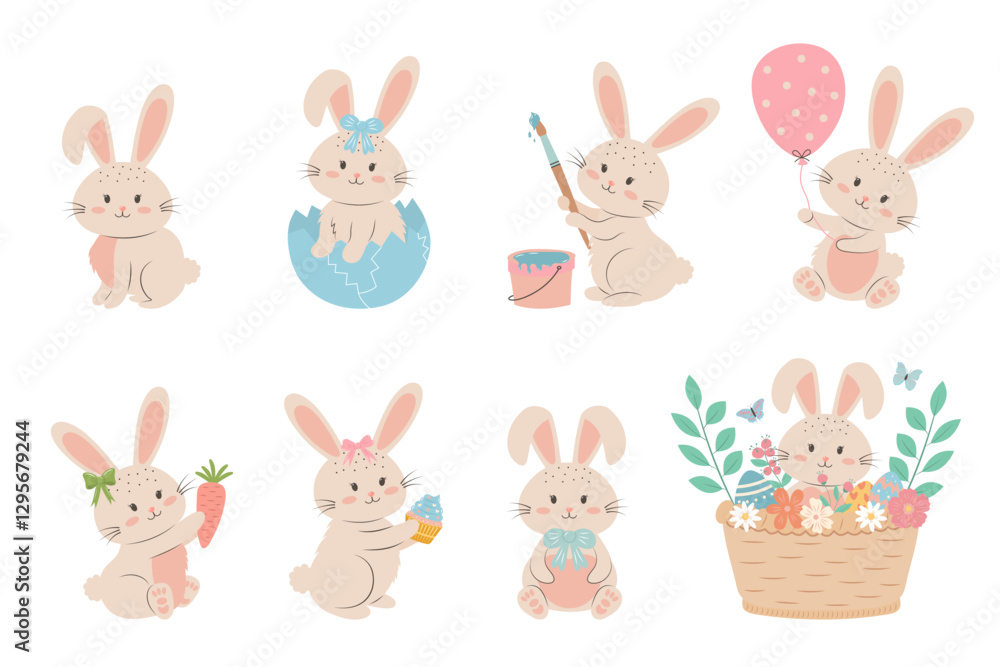 Easter bunny set on white background. Cute pastel rabbits in different poses. Easter bunny set on white background. Cute pastel rabbits in different poses.