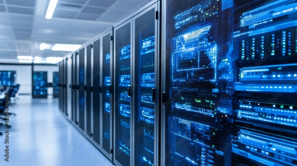 High-tech data center with rows of servers and glowing blue lights in modern facility : Generative AI High-tech data center with rows of servers and glowing blue lights in modern facility : Generative AI