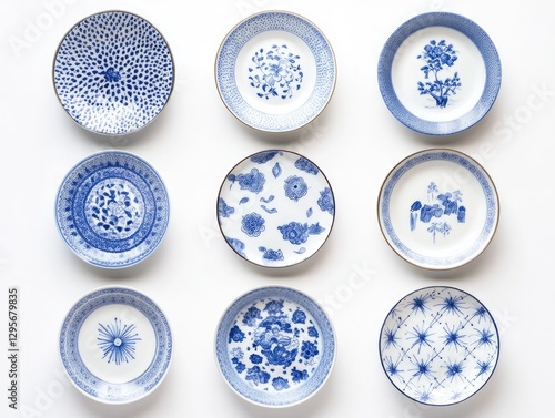 Blue and white porcelain plates, various designs, arranged on a white background, studio shot photo