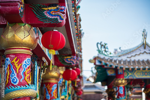 red lantern decoration for Chinese New Year Festival at Chinese shrine Ancient chinese art with the Chinese alphabet Blessings written on it Is a Fortune blessing compliment,Is a public place Thailand