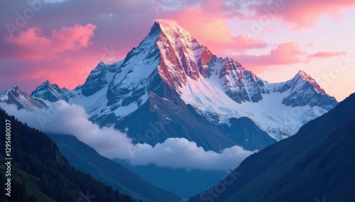 Pink hues cast mystical glow on glacier-covered Bernina Massif at dawn, clouds, swiss alps, scenery