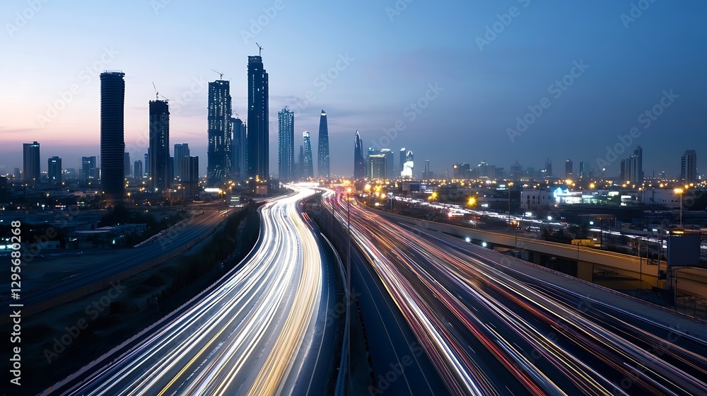 Fototapeta premium Dynamic night scene of a city skyline with light trails from moving vehicles : Generative AI