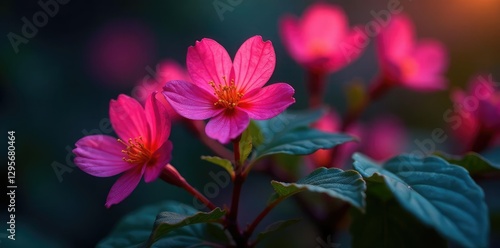 Pink LED lamp highlights growing solanum muricatum, botanical, horticulture
