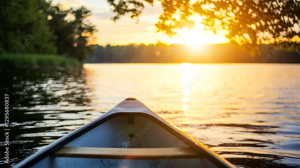 Fototapeta premium Serene View of a Canoe at Sunset on a Calm Reflective Lake Surrounded by Nature : Generative AI