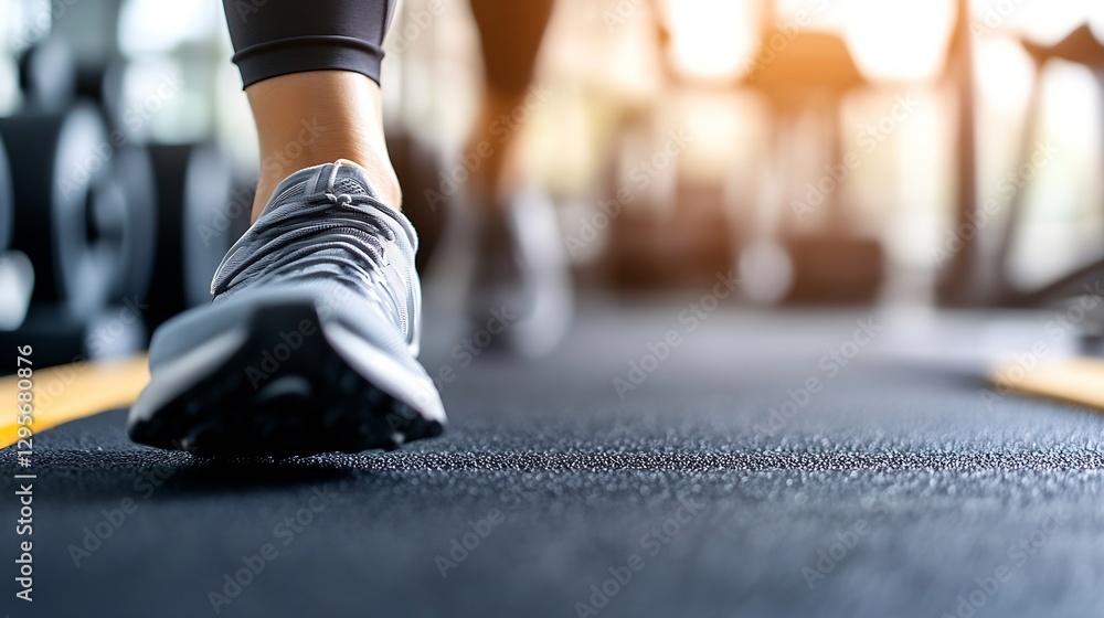 Fototapeta premium CloseUp of Athletic Shoes Stepping onto Treadmill for Dynamic Workout Session : Generative AI