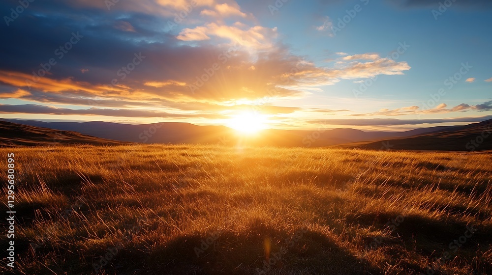 Breathtaking view of sunrise illuminating the horizon over vast grassland with soft golden colors : Generative AI Breathtaking view of sunrise illuminating the horizon over vast grassland with soft golden colors : Generative AI