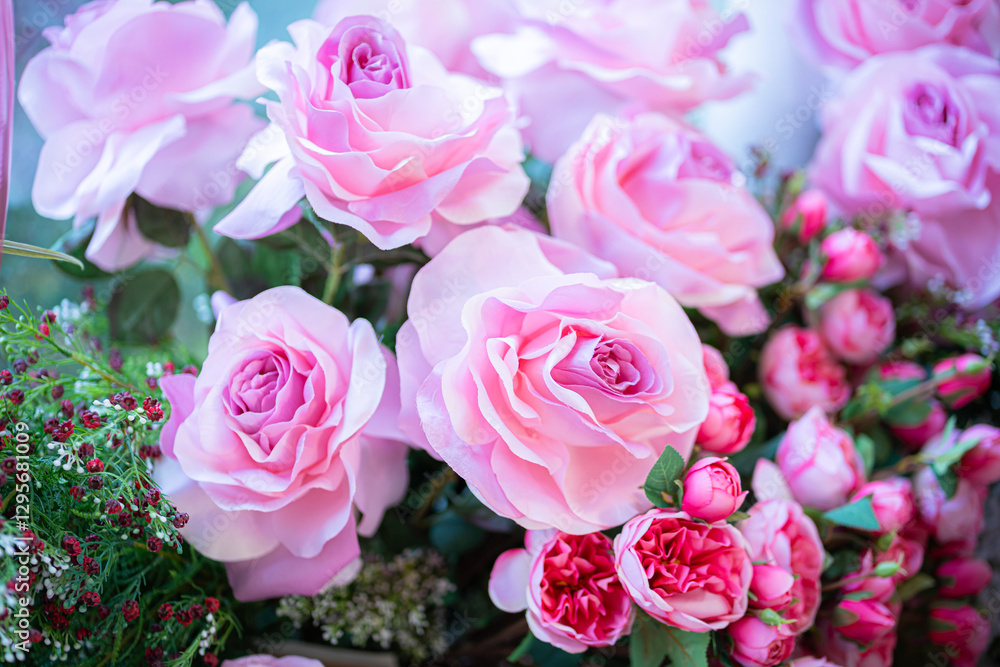 Valentine's day concept,close up Sweet color of artificial rose bouquet of red and pink roses Put with rose vase weddings interiors and decorations In a restaurant background
