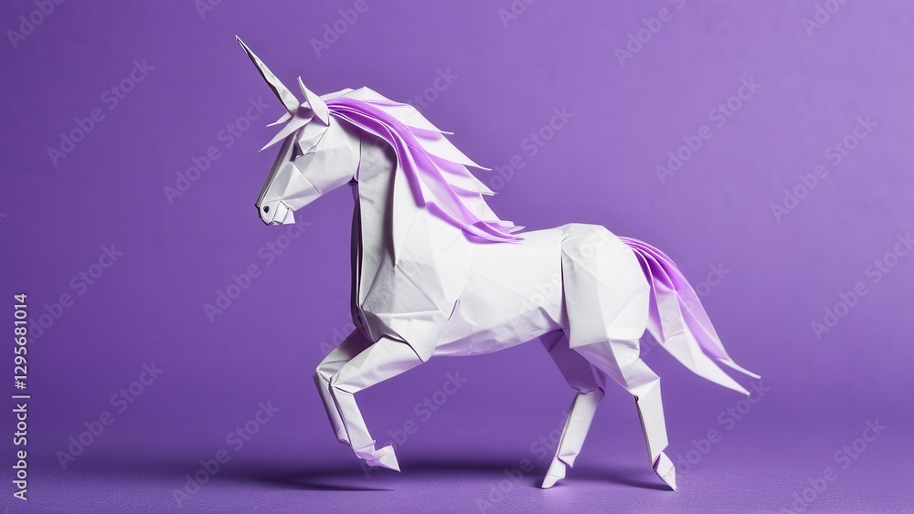 Naklejka premium an elegant origami unicorn gracefully prances against a soft purple backdrop