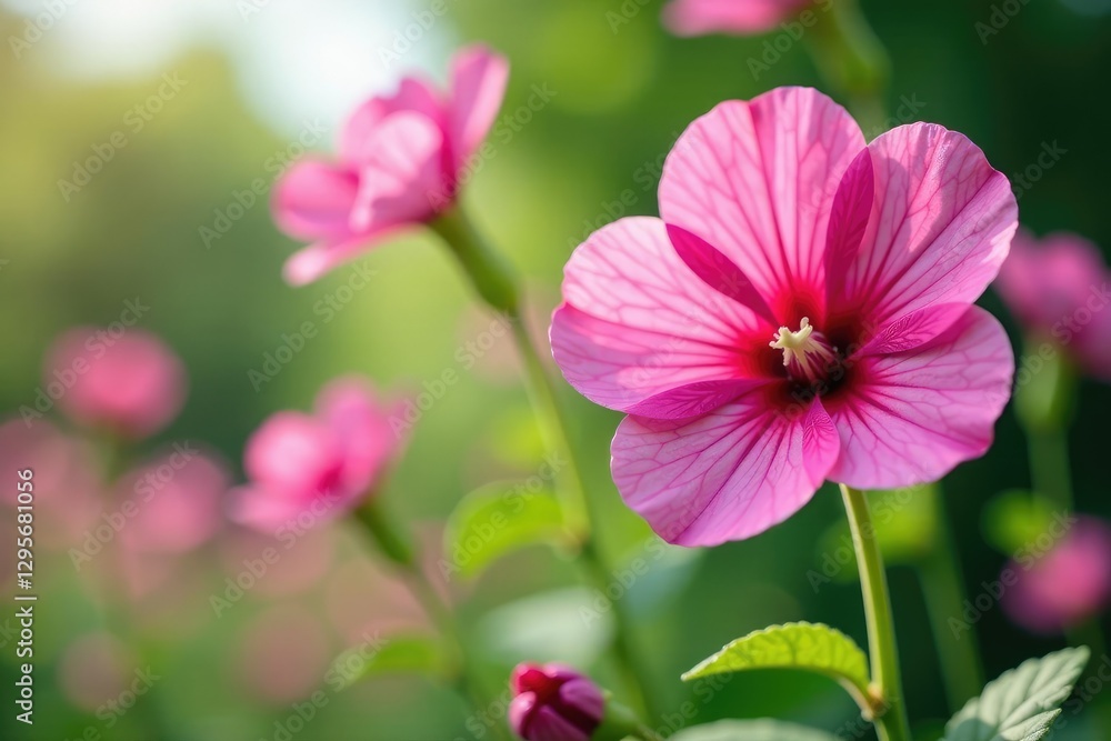 Pink mallow flowers swaying gently in the breeze, pink flowers, blooming flowers, gardening Pink mallow flowers swaying gently in the breeze, pink flowers, blooming flowers, gardening