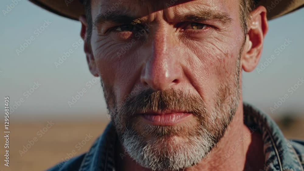 A rugged man with a serious expression stands against a vast rural landscape during sunset. His weathered face and intense gaze reflect the challenges of life in the countryside.