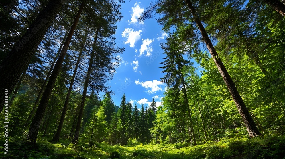 Lush Green Forest Under Bright Blue Sky with Tall Trees and Fluffy Clouds : Generative AI Lush Green Forest Under Bright Blue Sky with Tall Trees and Fluffy Clouds : Generative AI