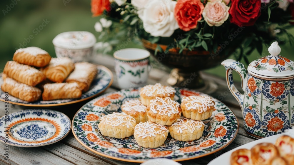 Fototapeta premium Outdoor tea party with cakes, pastries, and a floral arrangement. Elegant and delicious treats for a special occasion.