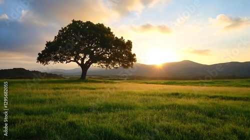 Majestic Lone Tree Silhouetted Against a Vibrant Sunrise Over Rolling Hills in a Serene Landscape : Generative AI