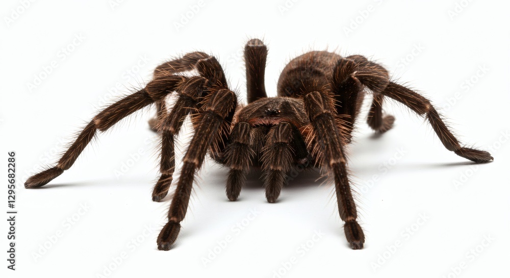 A large, hairy tarantula sits on a white background, its many legs clearly visible. A large, hairy tarantula sits on a white background, its many legs clearly visible.