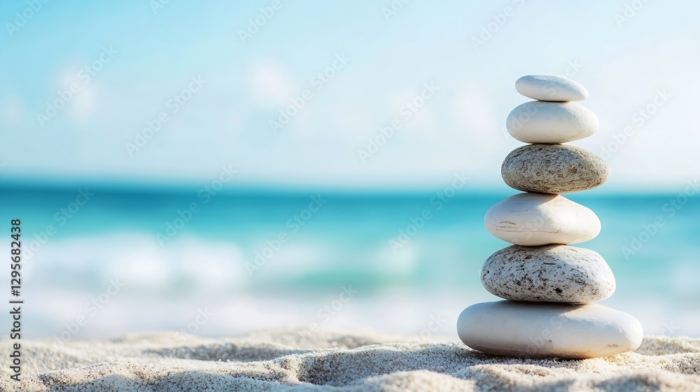 Serene stack of smooth stones on sandy beach symbolizing balance and tranquility : Generative AI Serene stack of smooth stones on sandy beach symbolizing balance and tranquility : Generative AI