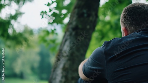Thoughtful Young Man Sitting on Grass Looking at Nature in Peaceful Setting : Generative AI