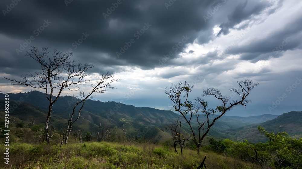 Scenic View of Mountain Ridge under Dark Stormy Clouds with Dry Trees : Generative AI Scenic View of Mountain Ridge under Dark Stormy Clouds with Dry Trees : Generative AI