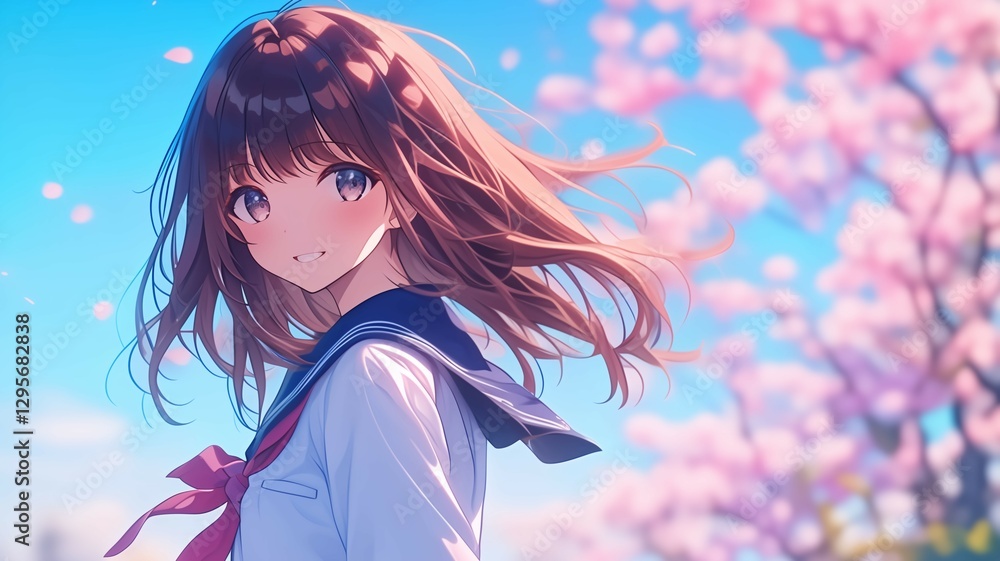 桜の木の下で髪をなびかせているアニメ調の日本人美少女 桜の木の下で髪をなびかせているアニメ調の日本人美少女