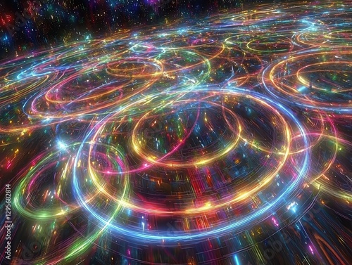 A mesmerizing 3D rendering unfolds, revealing a vibrant multicolored neon curved line, its intricate loops glowing with an ethereal luminescence. This mesmerizing spectacle is reflected in the 
