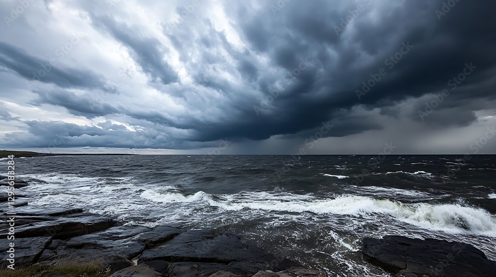 Dramatic stormy sky over a turbulent ocean with dark clouds and crashing waves : Generative AI Dramatic stormy sky over a turbulent ocean with dark clouds and crashing waves : Generative AI