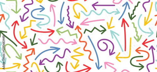 Colorful Arrows seamless pattern, hand drawn doodle design, background banner and vector illustration for poster, cards, covers. 