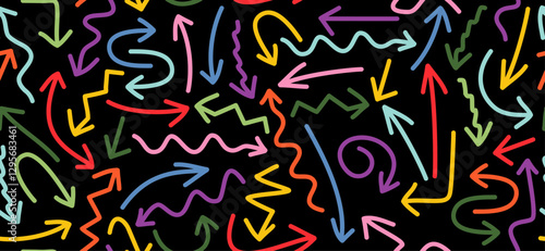 Colorful Arrows seamless pattern on black background, hand drawn doodle design, banner and vector illustration for poster, cards, covers. 
