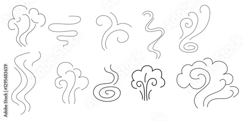 Steam and smoke lines icons set. Air wind and scent linear collection, heat waves or aroma from cooking food and hot coffee, gas and fumes. Steam swirls icons of doodle style vector illustration