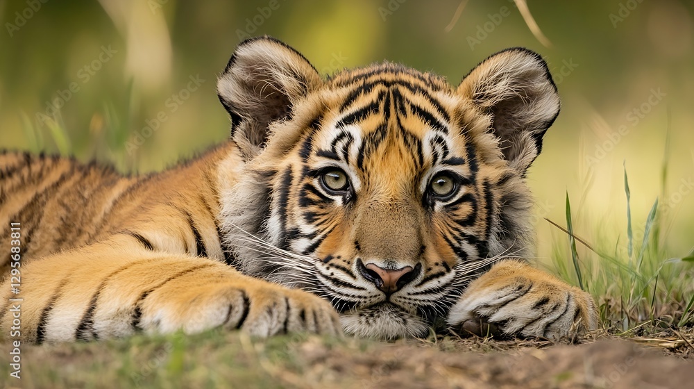 Obraz premium Close up of a majestic tiger cub resting calmly on the ground in a wild natural habitat : Generative AI
