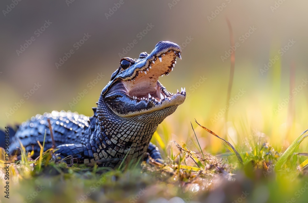 Obraz premium Majestic Crocodile with Open Mouth in Sunlit Outdoor Habitat Surrounded by Greenery and Bright Blurred Background