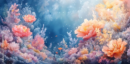Watercolor Floral Underwater Coral Reef Scene with Fish and Light