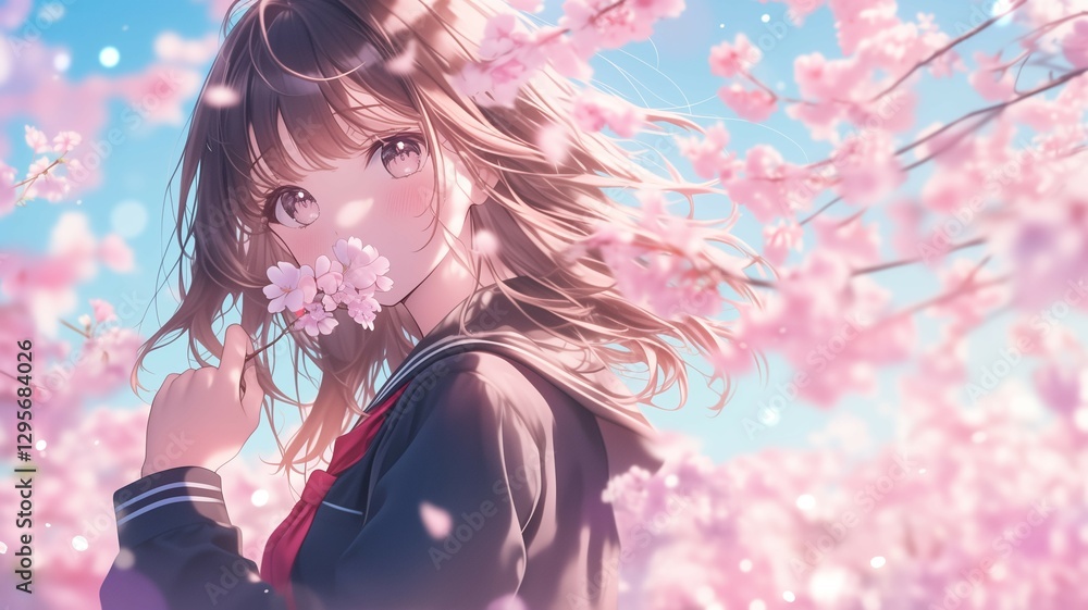 桜の木の下で髪をなびかせているアニメ調の日本人美少女 桜の木の下で髪をなびかせているアニメ調の日本人美少女