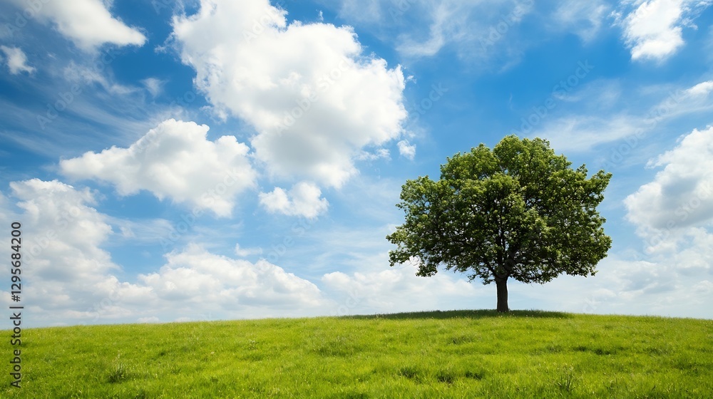 Lone tree on a green hill under a blue sky with fluffy clouds : Generative AI Lone tree on a green hill under a blue sky with fluffy clouds : Generative AI