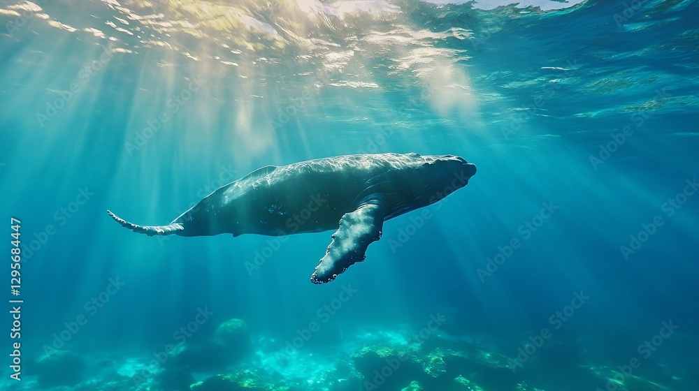 Graceful humpback whale swimming underwater illuminated by sun rays creating a serene oceanic scene : Generative AI Graceful humpback whale swimming underwater illuminated by sun rays creating a serene oceanic scene : Generative AI
