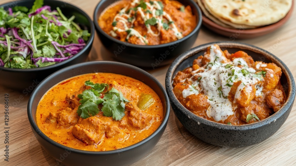 Selection of Indian curries with naan bread and salad. Delicious and flavorful Indian cuisine. Selection of Indian curries with naan bread and salad. Delicious and flavorful Indian cuisine.