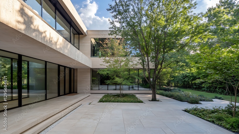 Modern architectural masterpiece featuring glass walls and lush greenery surrounding a tranquil outdoor space : Generative AI Modern architectural masterpiece featuring glass walls and lush greenery surrounding a tranquil outdoor space : Generative AI