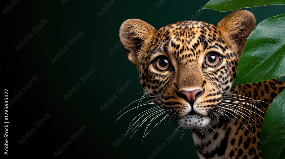 A curious leopard cub peers through green leafy foliage intently A curious leopard cub peers through green leafy foliage intently