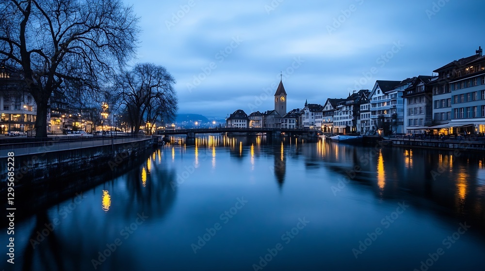 Naklejka premium Tranquil Twilight Scene of Zurich surrounded by Calm Waters and Historical Architecture : Generative AI