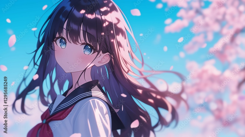 Naklejka premium 桜の木の下で髪をなびかせているアニメ調の日本人美少女