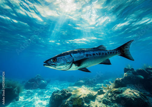 Underwater Great Barracuda Swimming in Ocean Reef Sunlit Scene
