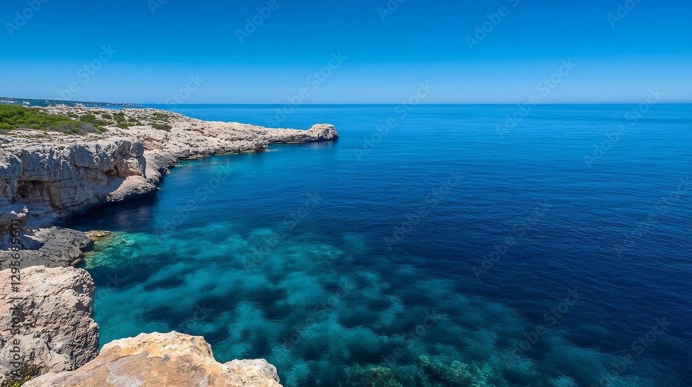Stunning Turquoise Waters of the Mediterranean Sea with Rocky Coastline Under Clear Blue Sky : Generative AI Stunning Turquoise Waters of the Mediterranean Sea with Rocky Coastline Under Clear Blue Sky : Generative AI