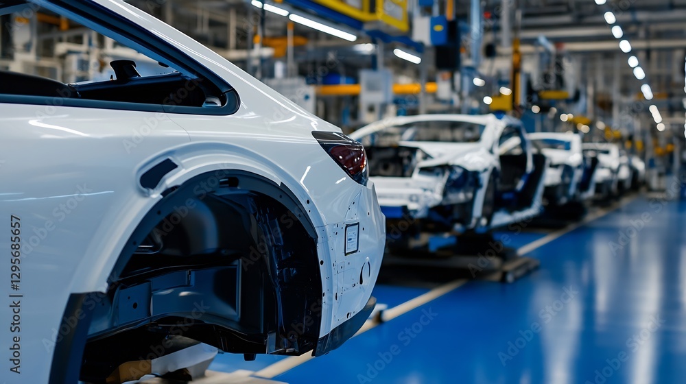 Obraz premium Car Manufacturing Process with White Vehicles in a Factory Production Line : Generative AI