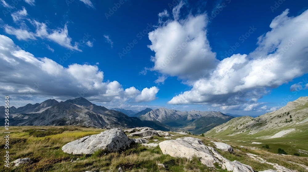 Fototapeta premium Breathtaking Mountain Landscape Under Dramatic Clouds and Blue Sky : Generative AI
