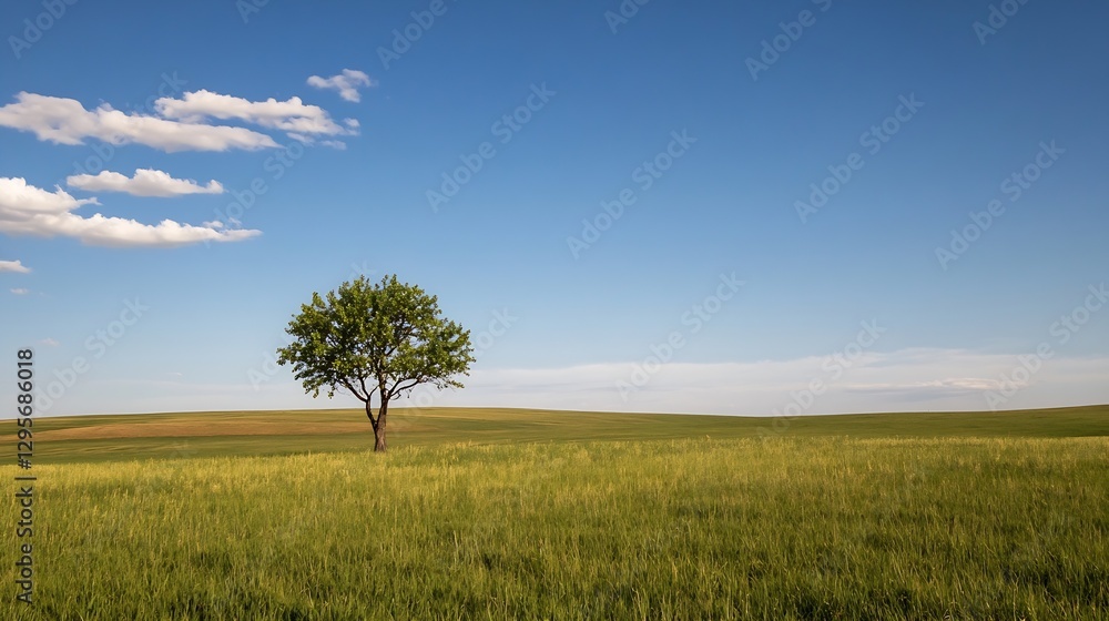 Solitary tree standing in a vast green field under a clear blue sky representing rural serenity : Generative AI Solitary tree standing in a vast green field under a clear blue sky representing rural serenity : Generative AI