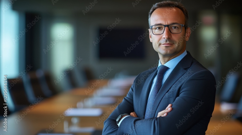 Obraz premium Confident Business Professional in Modern Office Setting Standing with Arms Crossed in Executive Conference Room with Elegant Design and Natural Light