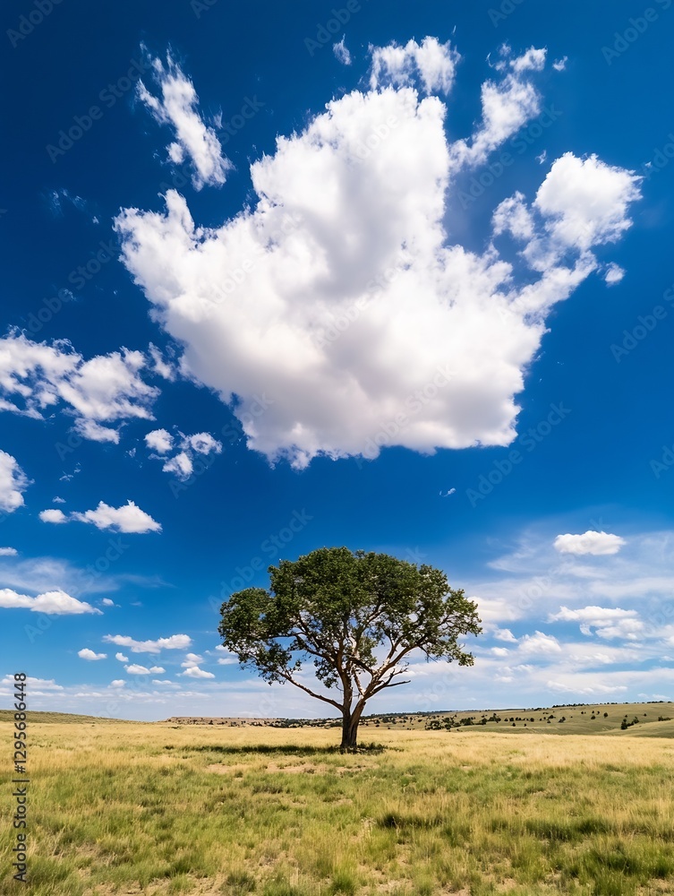 Solitary tree standing in a vast grassy field under a bright blue sky with scattered clouds : Generative AI Solitary tree standing in a vast grassy field under a bright blue sky with scattered clouds : Generative AI