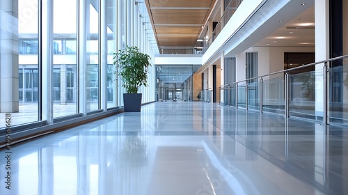 Contemporary office hallway with large windows and plants creating a bright atmosphere : Generative AI photo