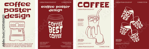 Coffee poster design with minimal line art, bold typography, and stylized beverage cups.